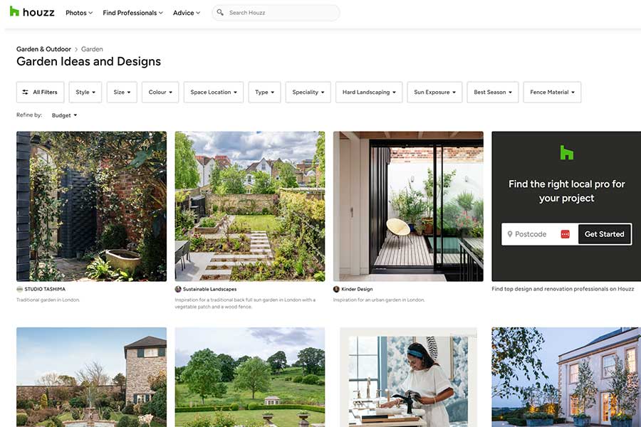 Screen shot of the Houzz website showing lots of garden design ideas